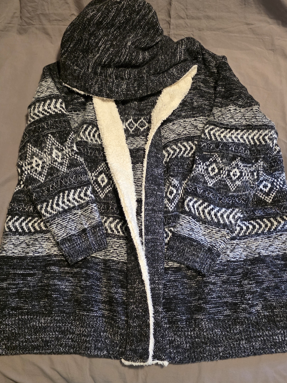 Natural Reflections Black & White Hooded Sherpa-Lined Cardigan